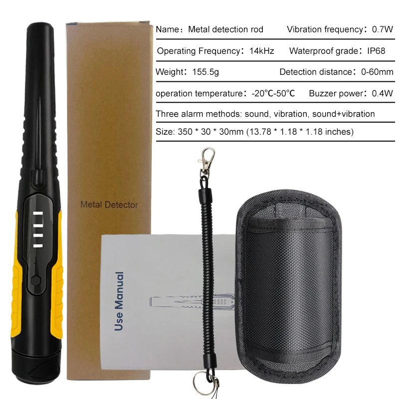 A metal detection rod and related accessories including a manual and a protective pouch.