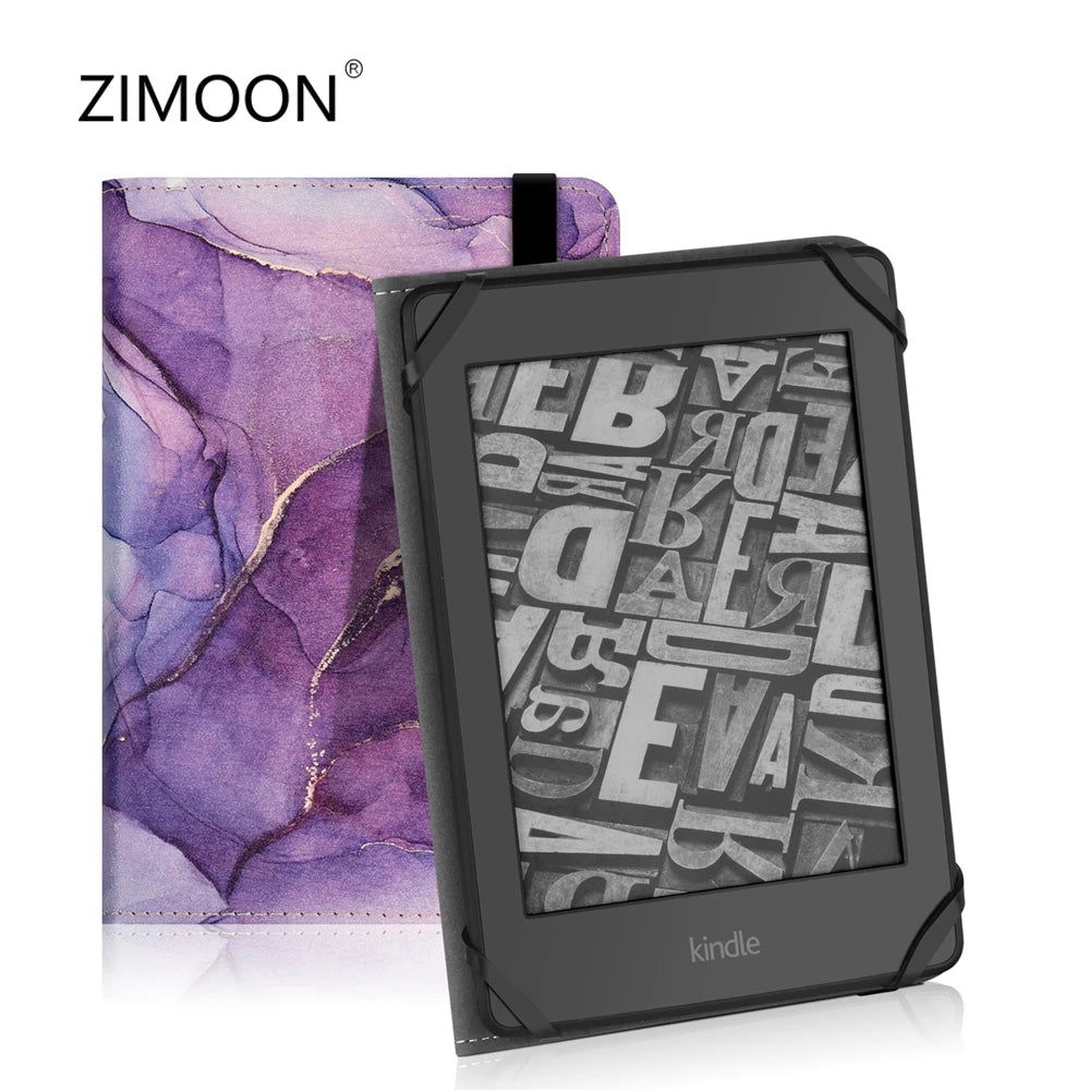 A black e-reader case with a purple marbled cover and a black strap for a Kindle device.