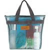 A mesh hanging toiletry bag with a gray fabric handle filled with various personal care products.