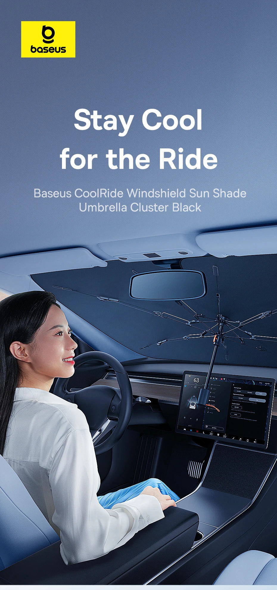 A woman is driving a car, and the Baseus CoolRide windshield sun shade umbrella cluster is visible inside the vehicle.