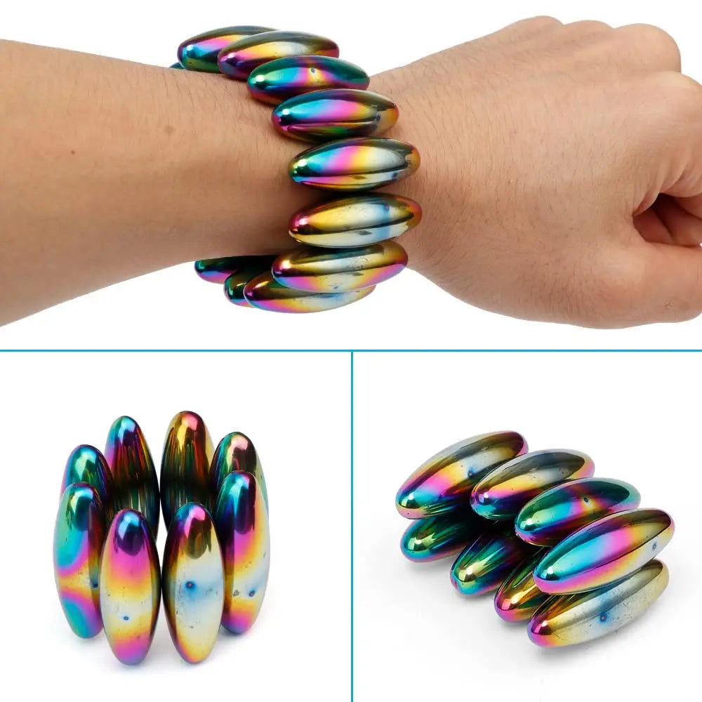 A set of iridescent magnetic fidget balls displayed on a wrist and separate from the storage case.
