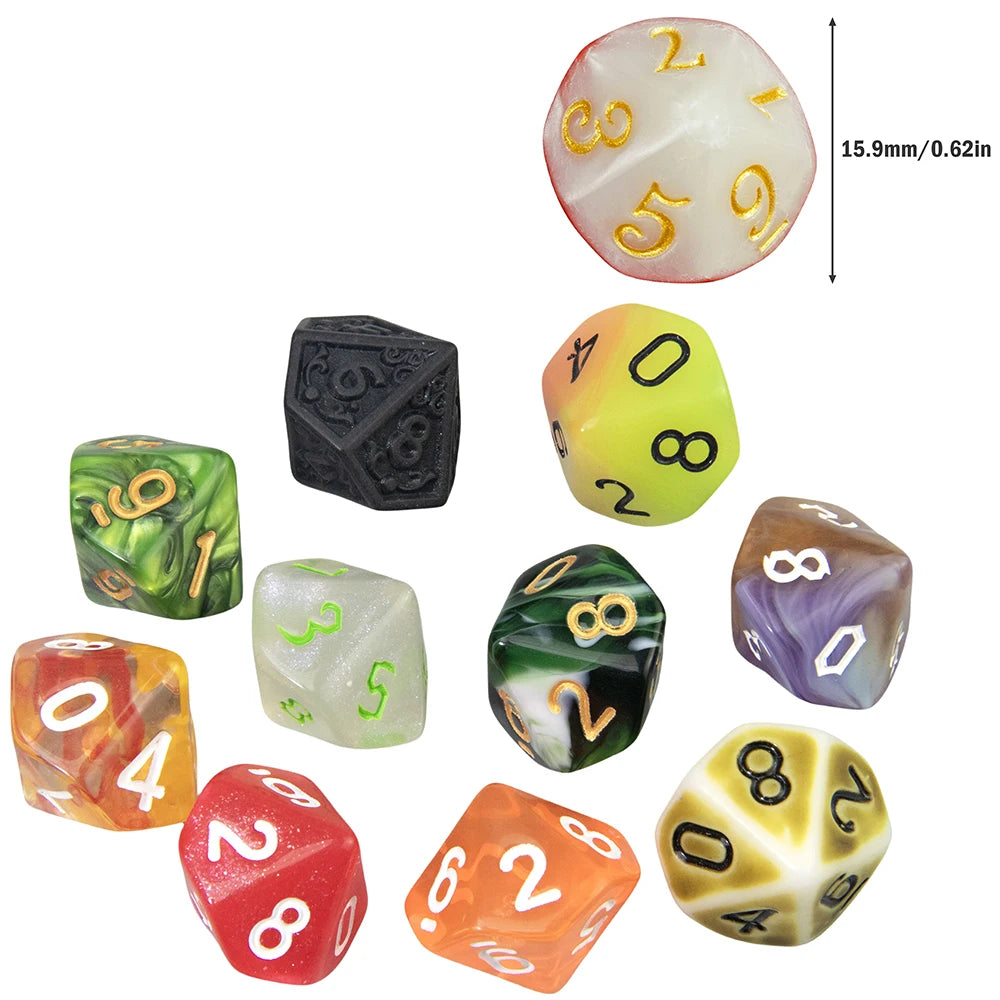 A collection of ten polyhedral dice in various colors and shapes for tabletop role-playing games