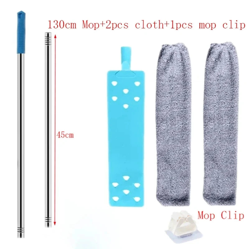 A set of 130cm mop, two cloths, and one mop clip for cleaning.