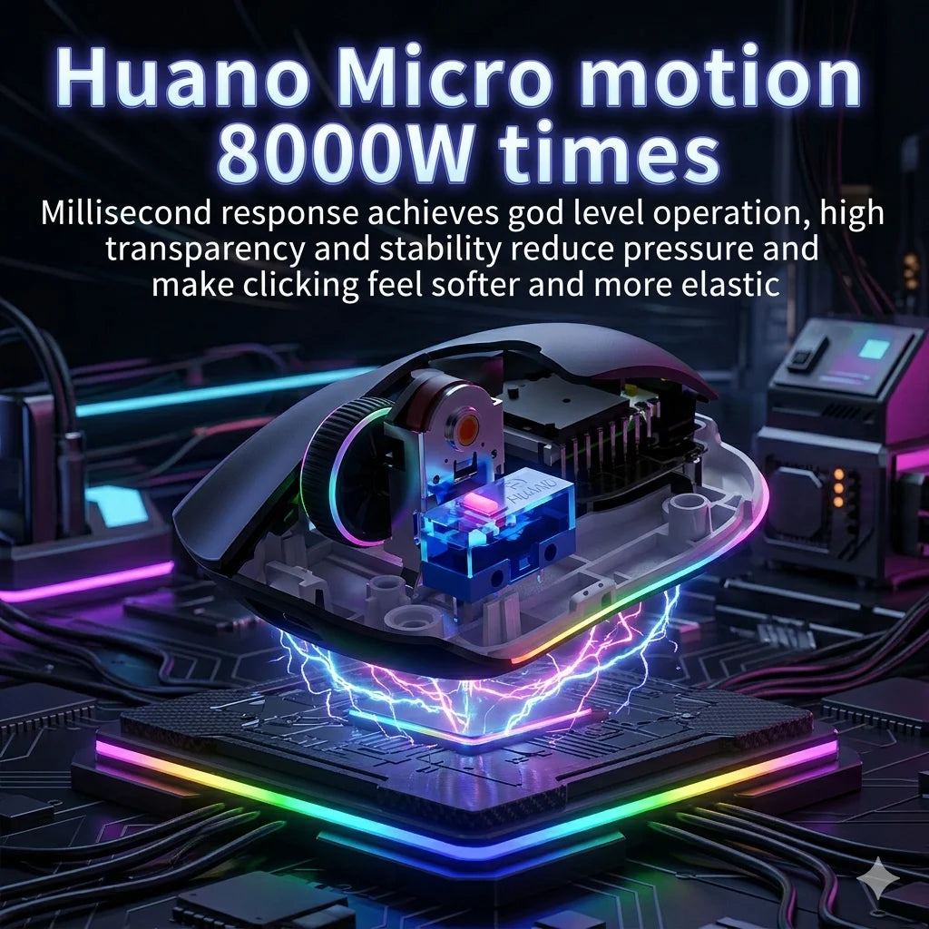 A black wireless gaming mouse is shown resting on a glowing circuit board with blue neon accents.