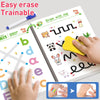 A child's hand is drawing letters in a reusable magic tracing workbook with a pen and pencil.