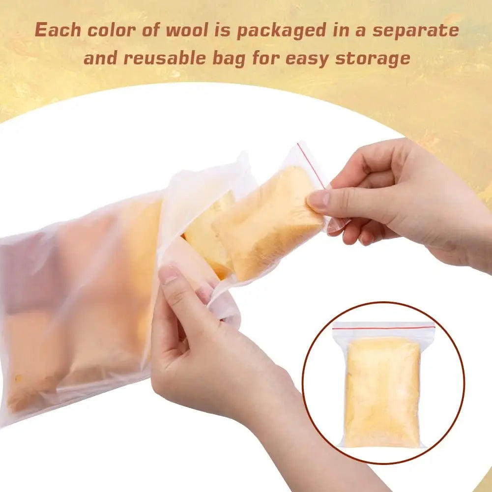 Hands are packaging a piece of yellow wool roving into a clear, resealable bag for storage.