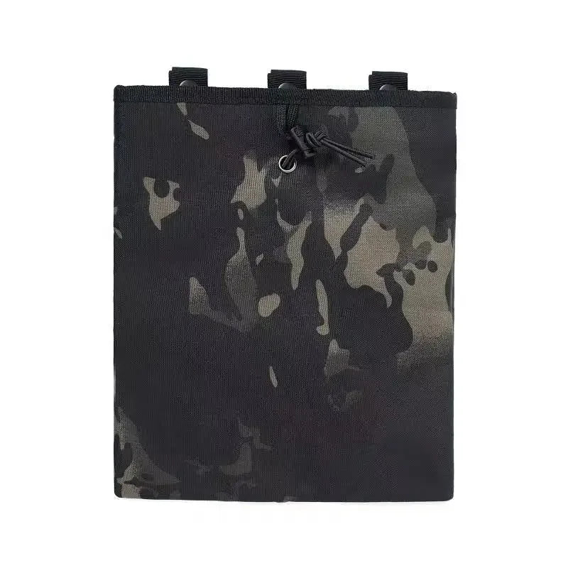 Black camouflage tactical MOLLE dump pouch with a drawstring closure.