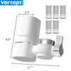 A white Vortopt faucet mount water filter with a detachable head and five replacement cartridges shown in various views.
