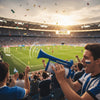 Ein Mann in blau-weißem Hemd bläst eine portable Luftpumpe-Sicherheitsglocke bei einem Sportereignis.