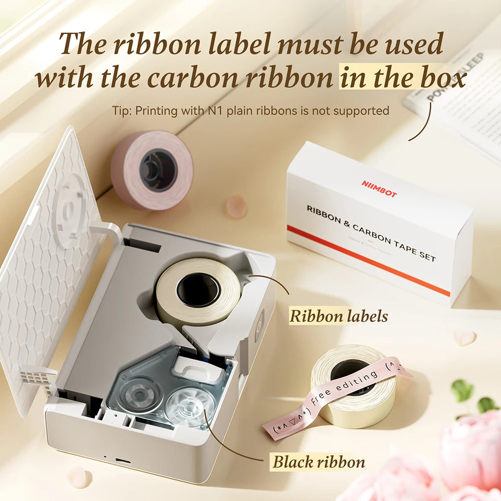 A ribbon and carbon tape set for a Niimbot N1 label printer, showing the ribbon rolls and a box.