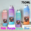 A set of three 750ml portable sports water bottles in pink, purple, green, and blue colors.