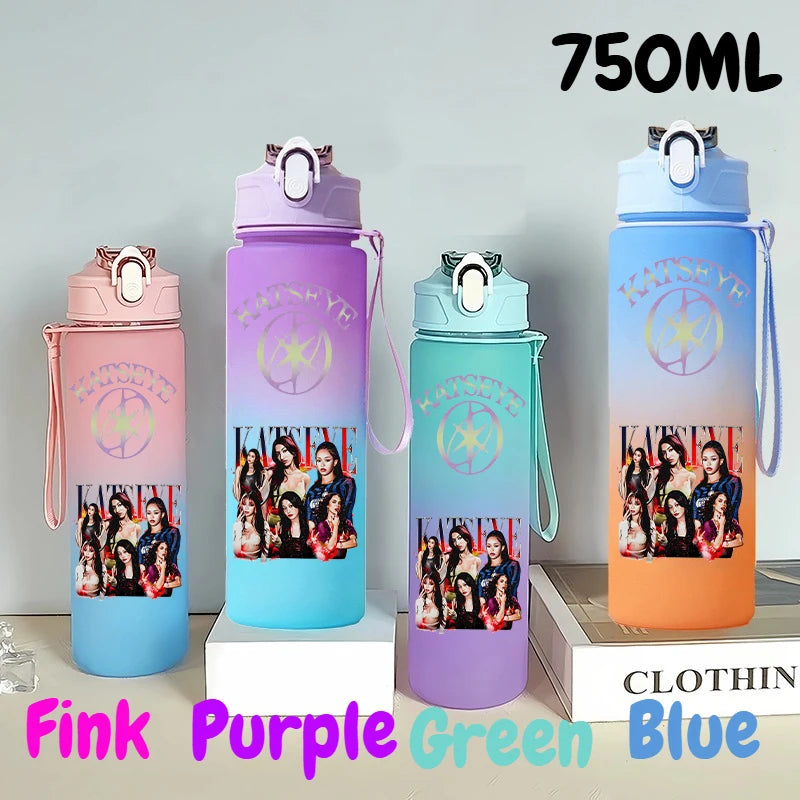 A set of three 750ml portable sports water bottles in pink, purple, green, and blue colors.
