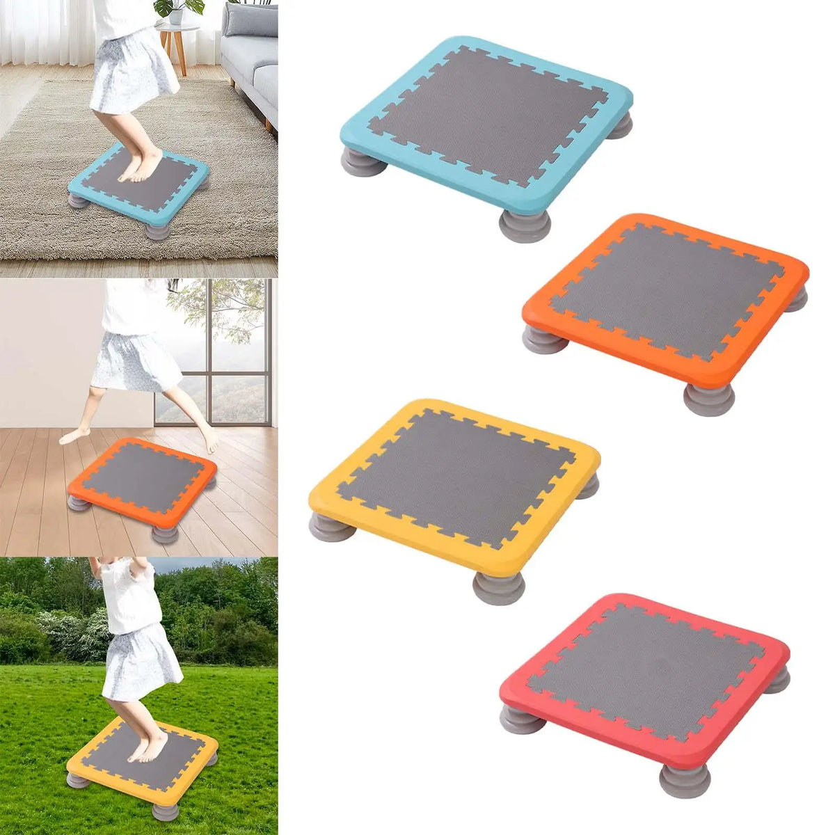 A collection of colorful mini trampolines for kids, including gray, blue, orange, yellow, and red mats.