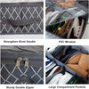 Under-bed shoe storage organizer featuring a rivet handle, PVC window, sturdy double zipper, and large compartment pockets.