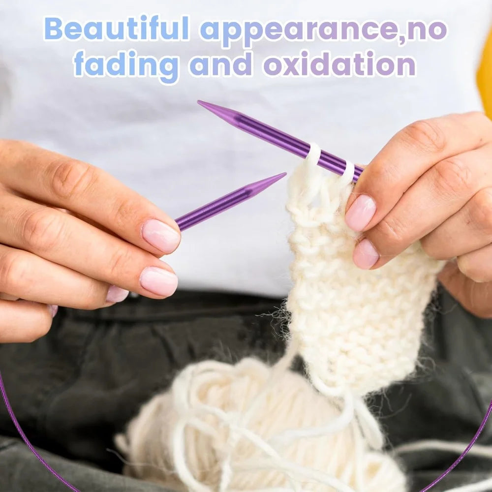 Hands knitting a cream-colored yarn with purple needles, demonstrating beautiful appearance and no fading or oxidation.