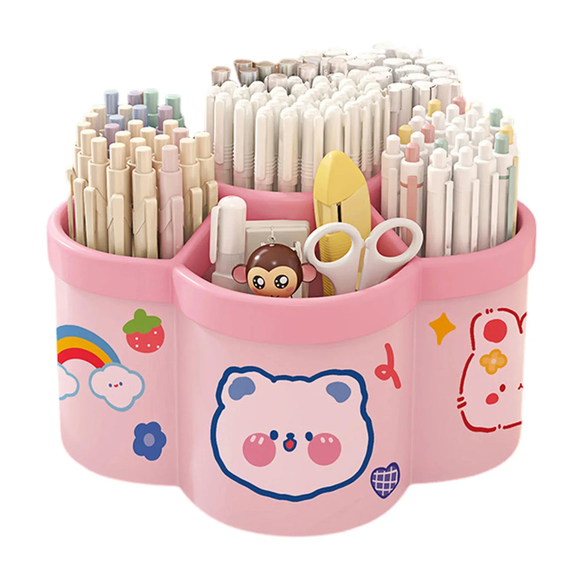 A pink rotating desk organizer holding numerous pens, pencils, and writing supplies.
