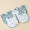 A set of light blue and white cotton baby bibs with U-shaped designs displayed on a neutral background.