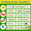 A grid of 50 sheets per box featuring 96 animal patterns and flash cards for early learning.
