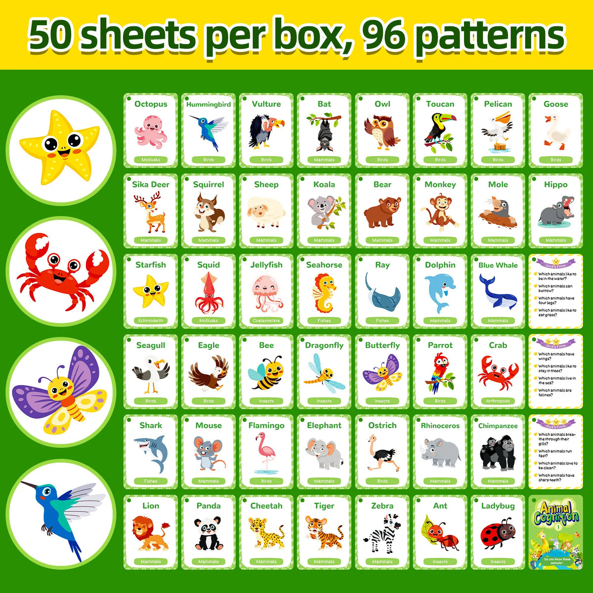A grid of 50 sheets per box featuring 96 animal patterns and flash cards for early learning.