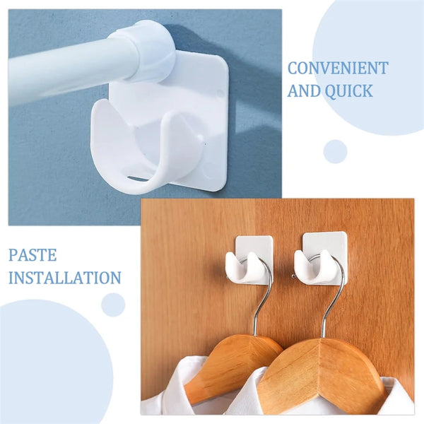 A white self-adhesive curtain hook is shown being installed on a glass panel, next to a wooden hanger.
