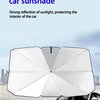 A white car sunshade umbrella is shown protecting the interior of a silver Audi car from sunlight.