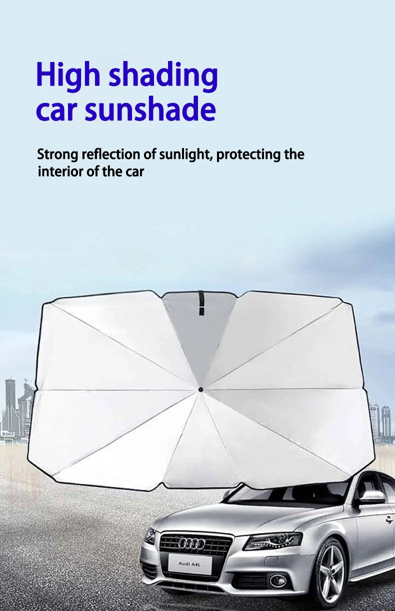 A white car sunshade umbrella is shown protecting the interior of a silver Audi car from sunlight.