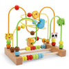 A wooden bead maze toy with colorful beads and strings arranged in a playful structure for toddlers.