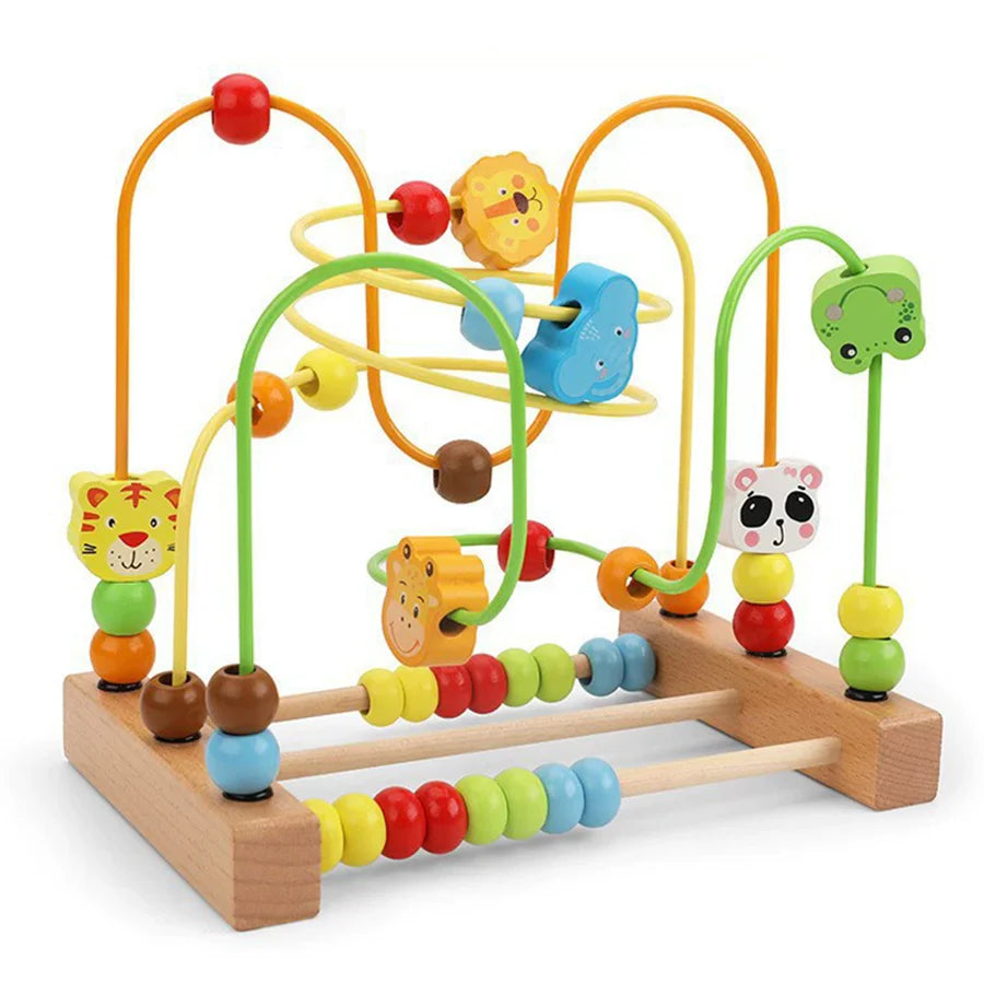 A wooden bead maze toy with colorful beads and strings arranged in a playful structure for toddlers.