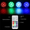 A submersible LED pool light with a remote control showing various colors and modes.