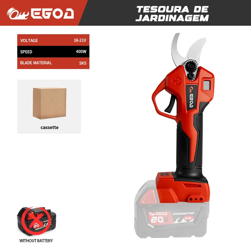 Orange and black cordless electric pruning shears with a silver blade and battery visible.