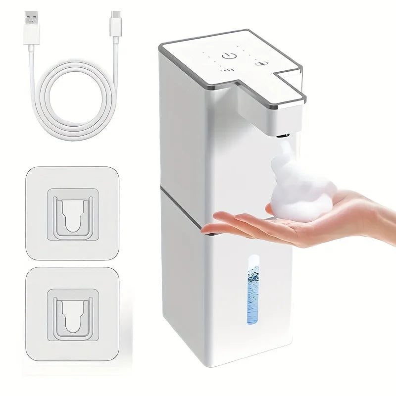 A white touchless infrared smart soap dispenser is shown dispensing soap onto a hand.