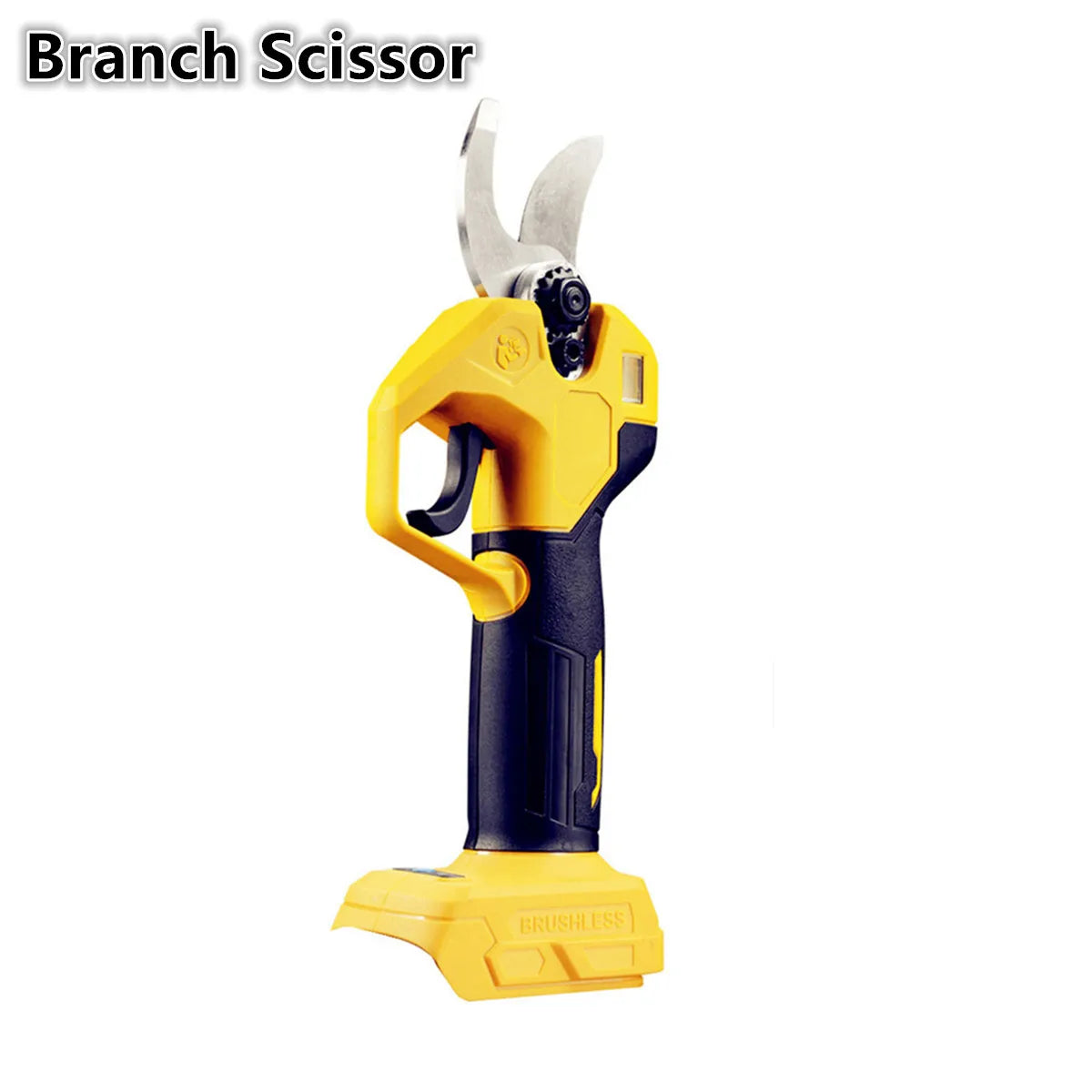 Yellow branch scissor tool with a silver blade and black handle.