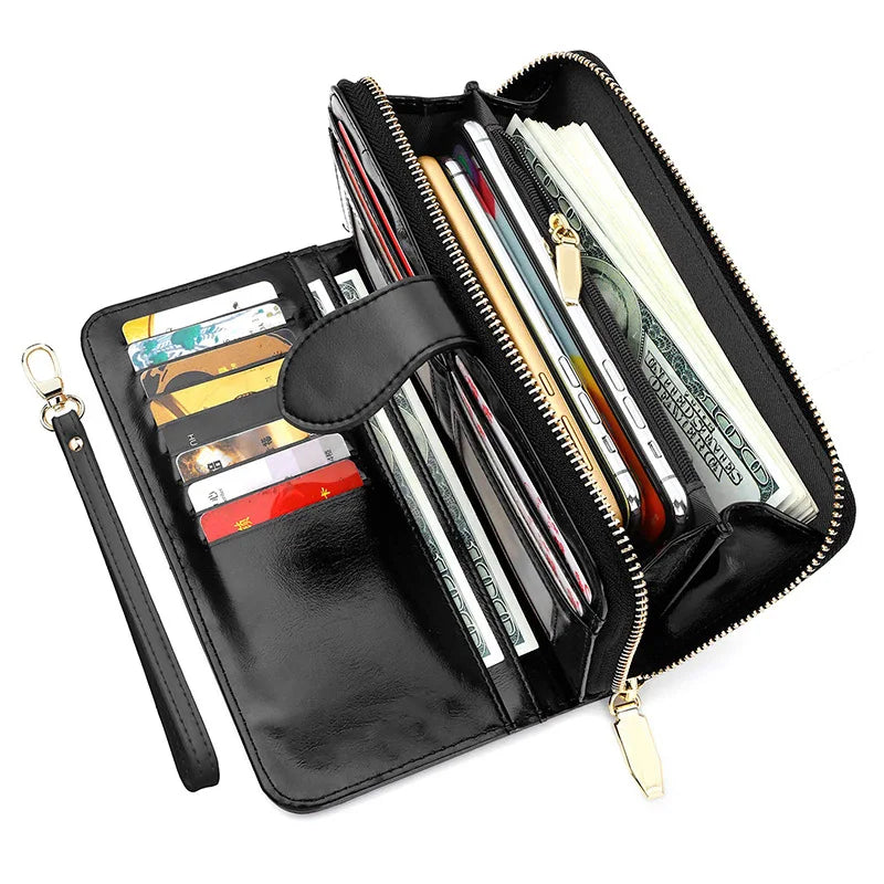 Waxed Leather Long Wallet with Wrist Strap