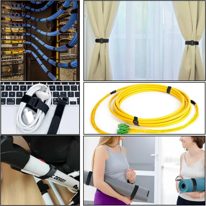A collection of reusable nylon cable ties, a yellow cable, and a gray ergonomic tool for cable management.