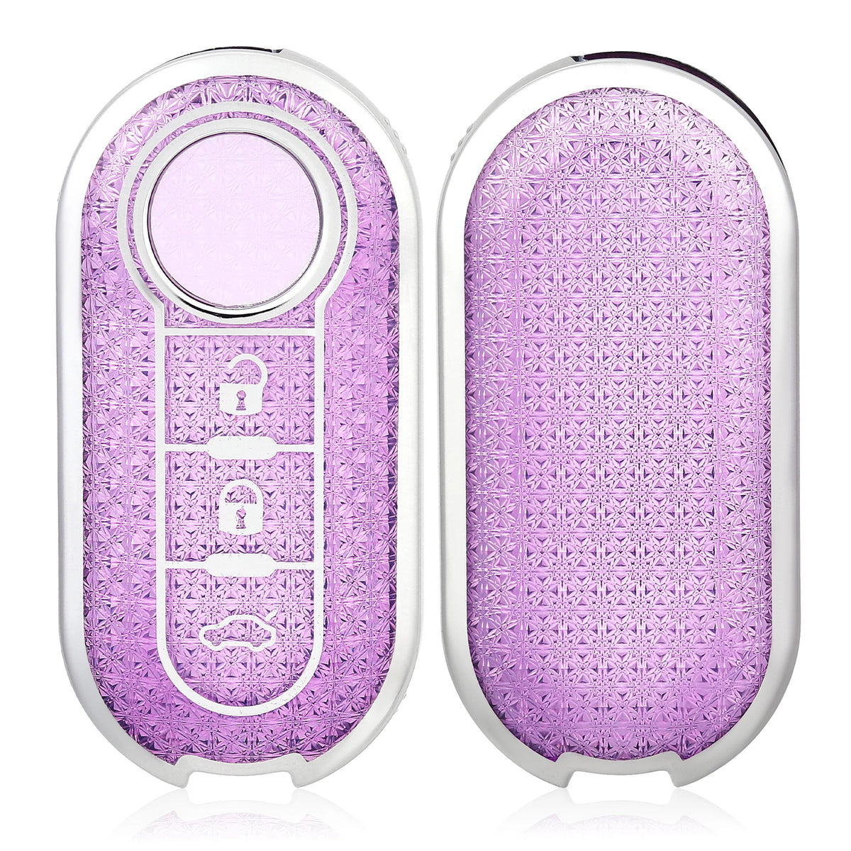 A pair of luxury leather key cases for Fiat and Citroen models, featuring a purple textured design.