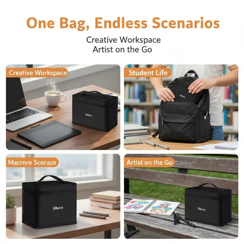 A set of black canvas pencil bags and a laptop shown in various creative workspace and student life contexts.