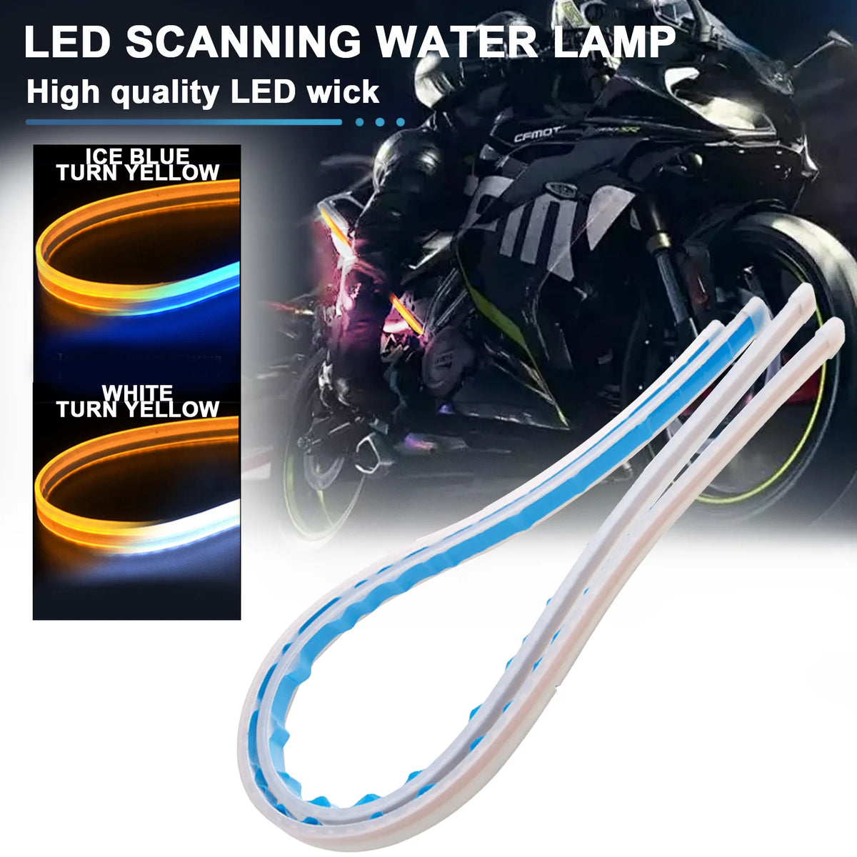 Flexible LED-Motorrad-Lichtleiste mit sequenziellen Blinkern neben einem Motorrad.