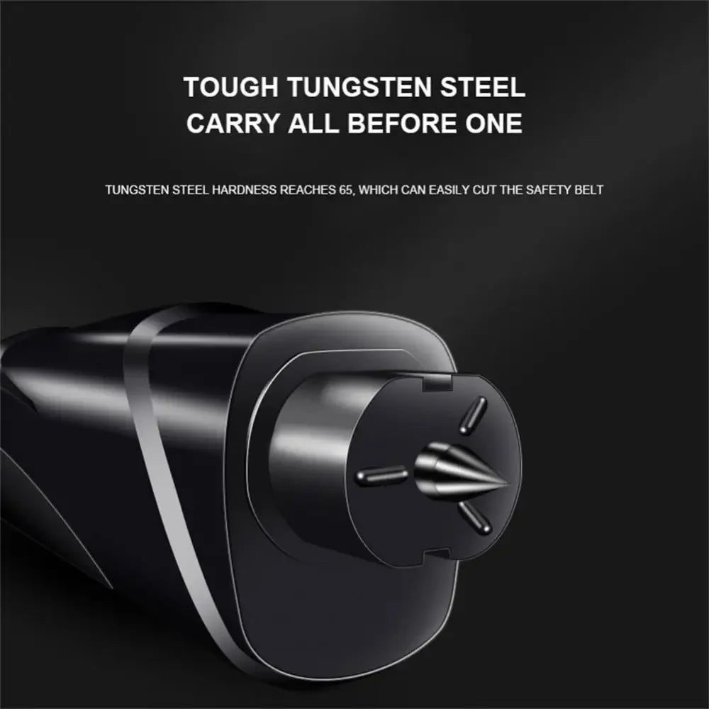 A close-up view of a black tool designed for emergency escape, featuring a hardened steel component.