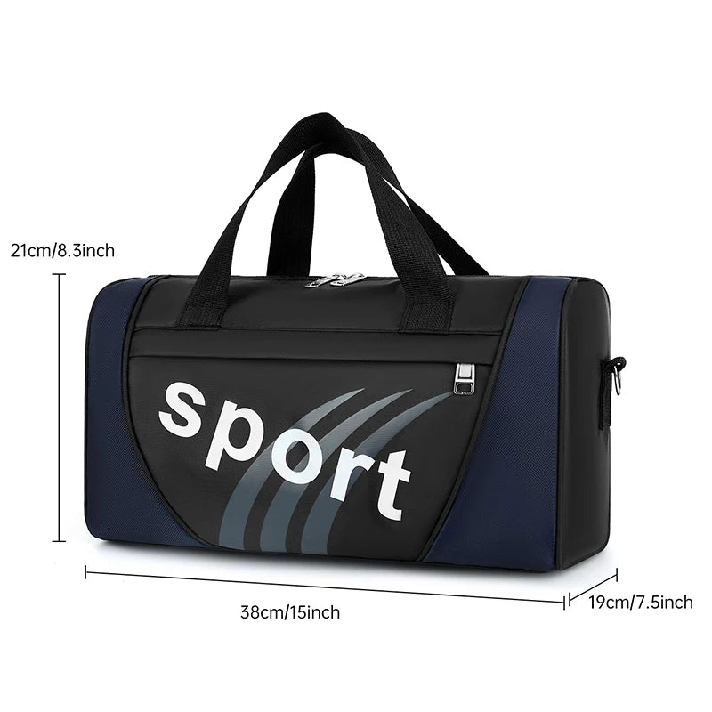 A navy blue duffel bag with a black and gray design featuring the word Sport on the front.
