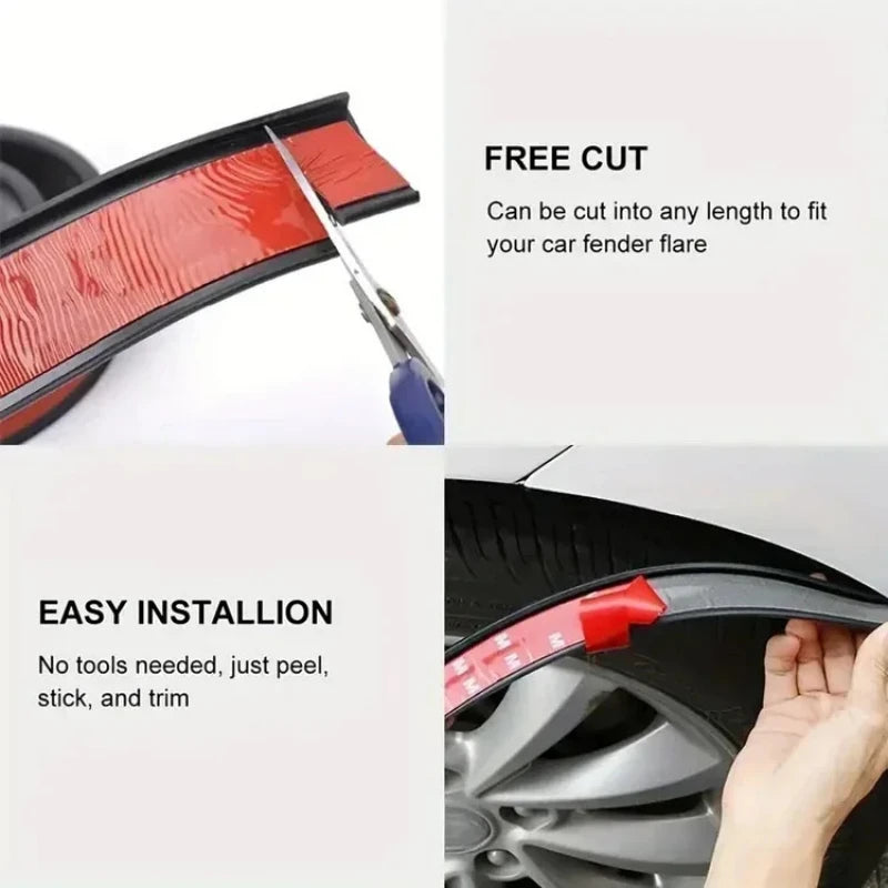 A close-up shows a red carbon fiber-look wheel arch trim piece with a free cut capability and instructions for easy installat