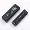A black 10-hole C key diatonic harmonica with a protective case shown from above and the side.