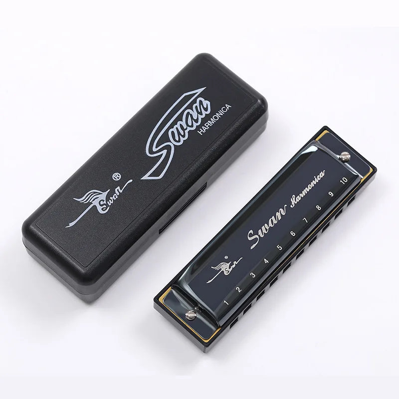 A black 10-hole C key diatonic harmonica with a protective case shown from above and the side.