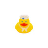 A yellow rubber duck bath toy with a white cap and orange beak.