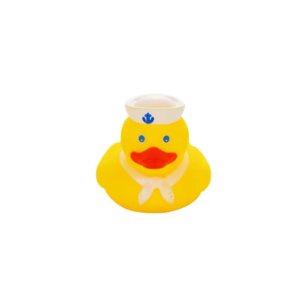 A yellow rubber duck bath toy with a white cap and orange beak.