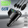 A black car charger with a digital display is shown in motion, highlighting its 66W super fast charging capability.