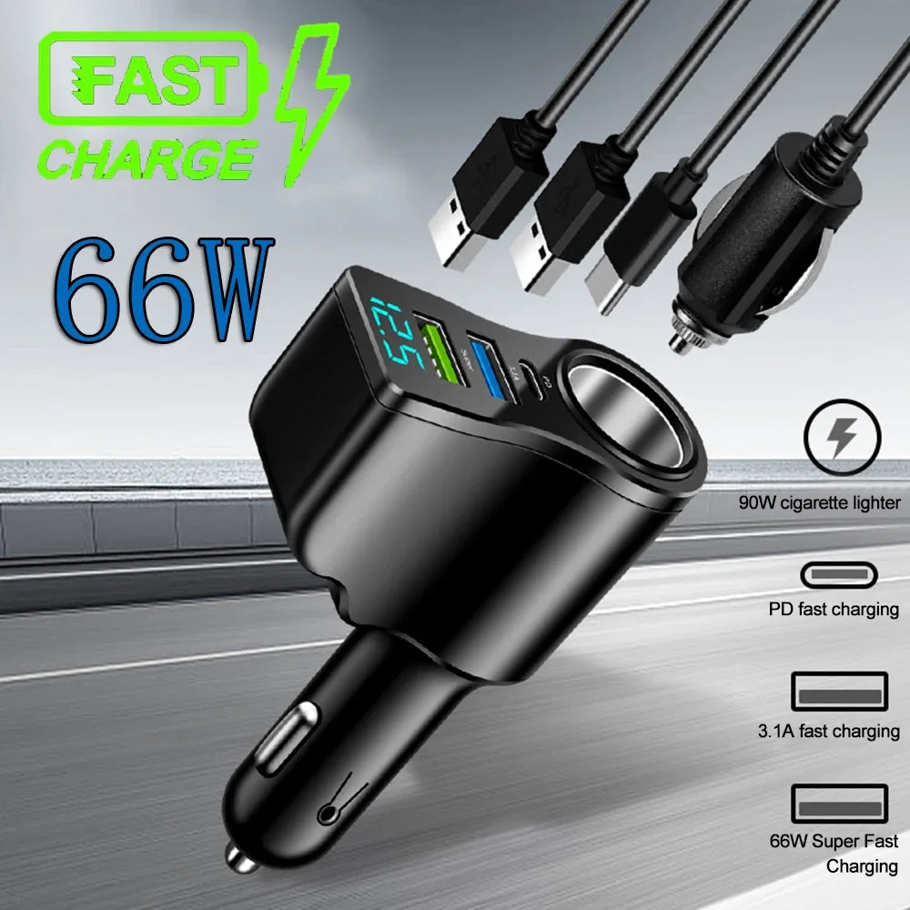 A black car charger with a digital display is shown in motion, highlighting its 66W super fast charging capability.