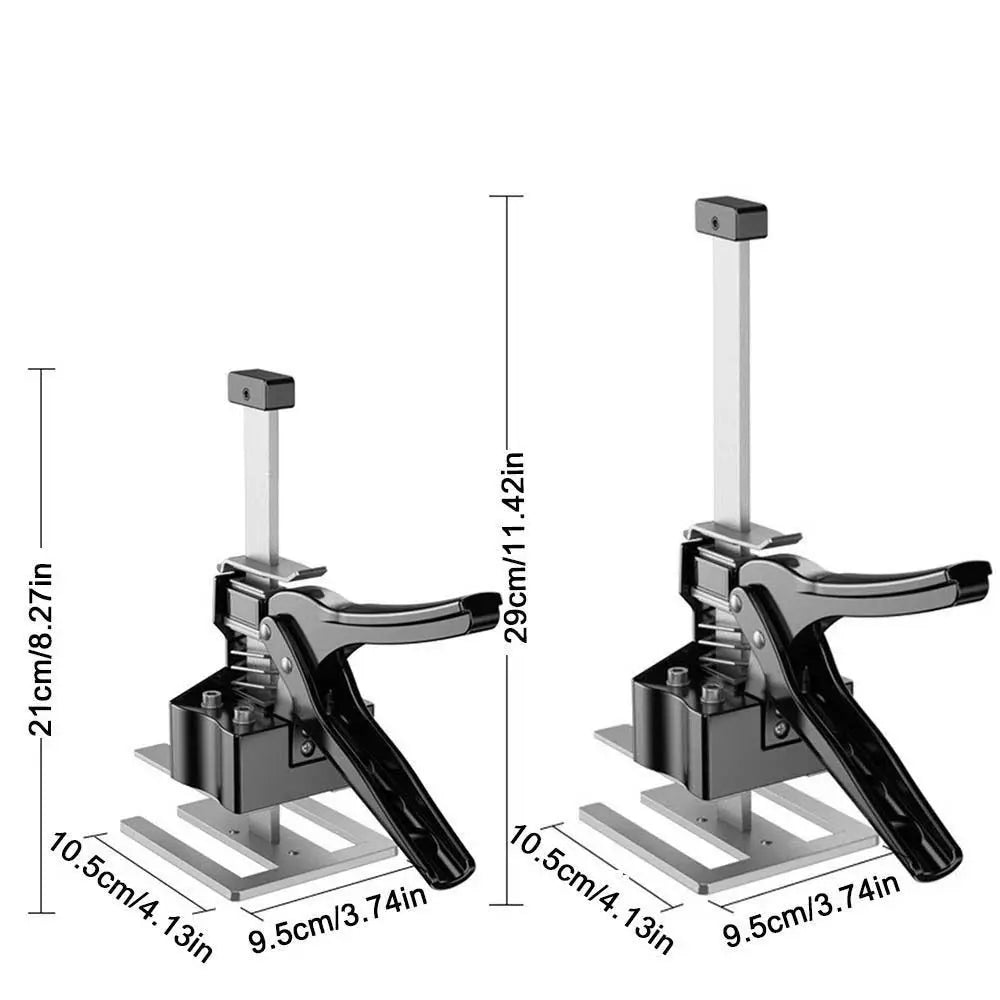 A silver adjustable tile leveling lifter tool shown with various size measurements.