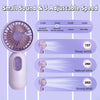A handheld purple mini fan with three adjustable speed settings and a sound level indicator.