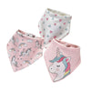 A set of three soft cotton baby bibs featuring pastel prints of unicorns, rainbows, and hearts.