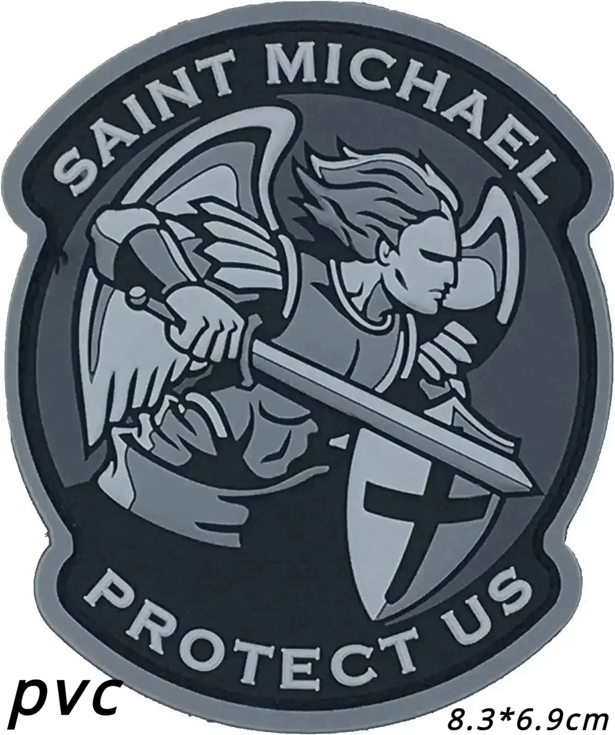 A dark gray patch featuring the archangel St. Michael with wings and a sword, surrounded by text that reads Saint Michael Pro